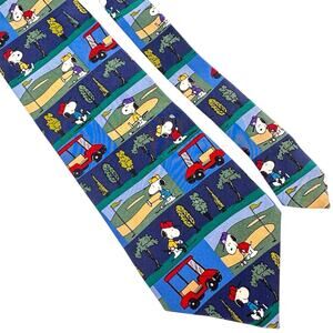 Peanuts Snoopy Golf Novelty Tie Red Blue Cartoon Print Silk Neck Tie Vintage 57”